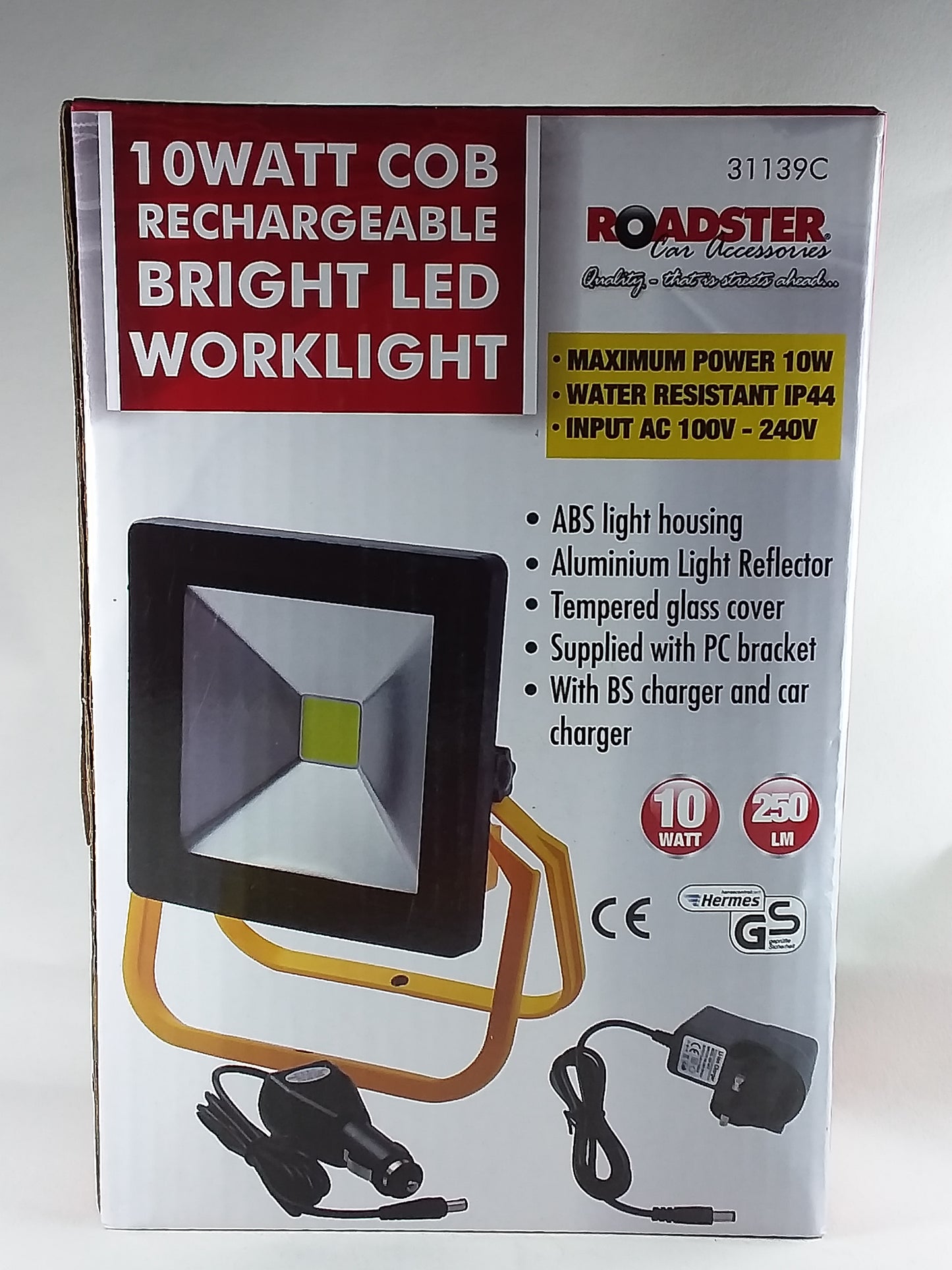 10W LED rechargeable worklight, displaying the product with a silver and black color scheme, alongside a USB charger and a set of batteries.