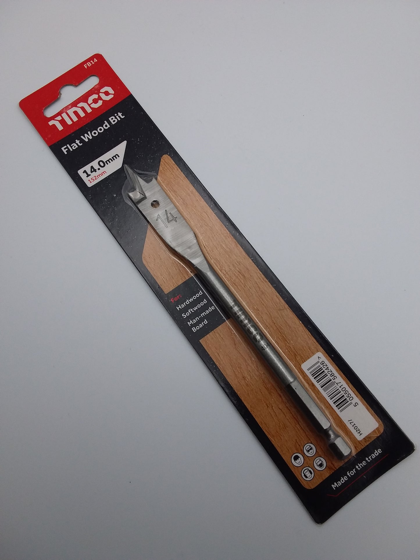 A 14mm flat wood drill bit packaged in a card with the brand name visible