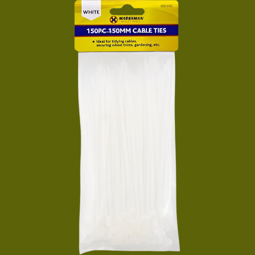 Pack of white cable ties with a yellow and blue packaging label on a white background