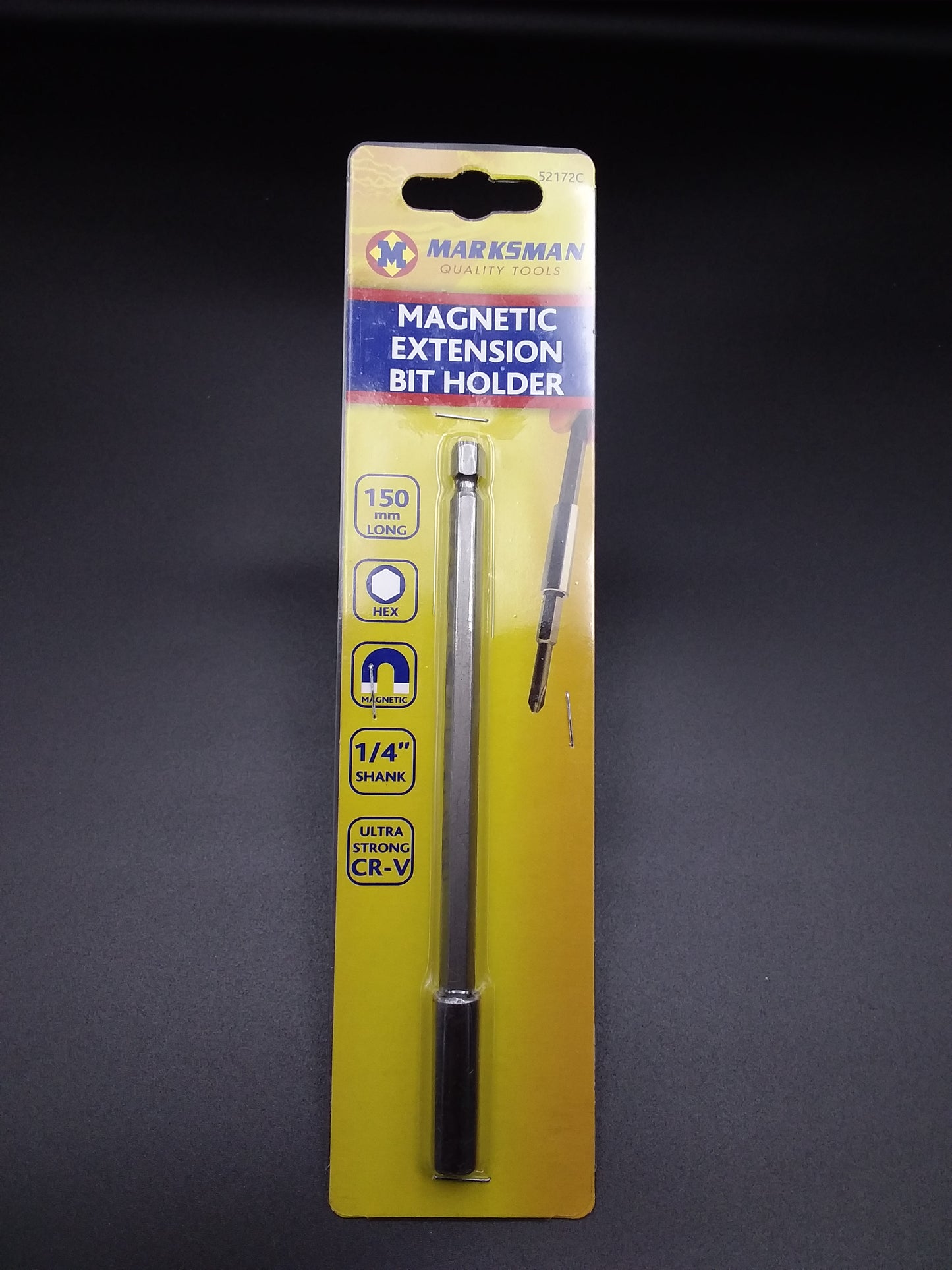 150mm magnetic extension bit holder in black color, packaged in a yellow and blue card with the Marksman brand visible.