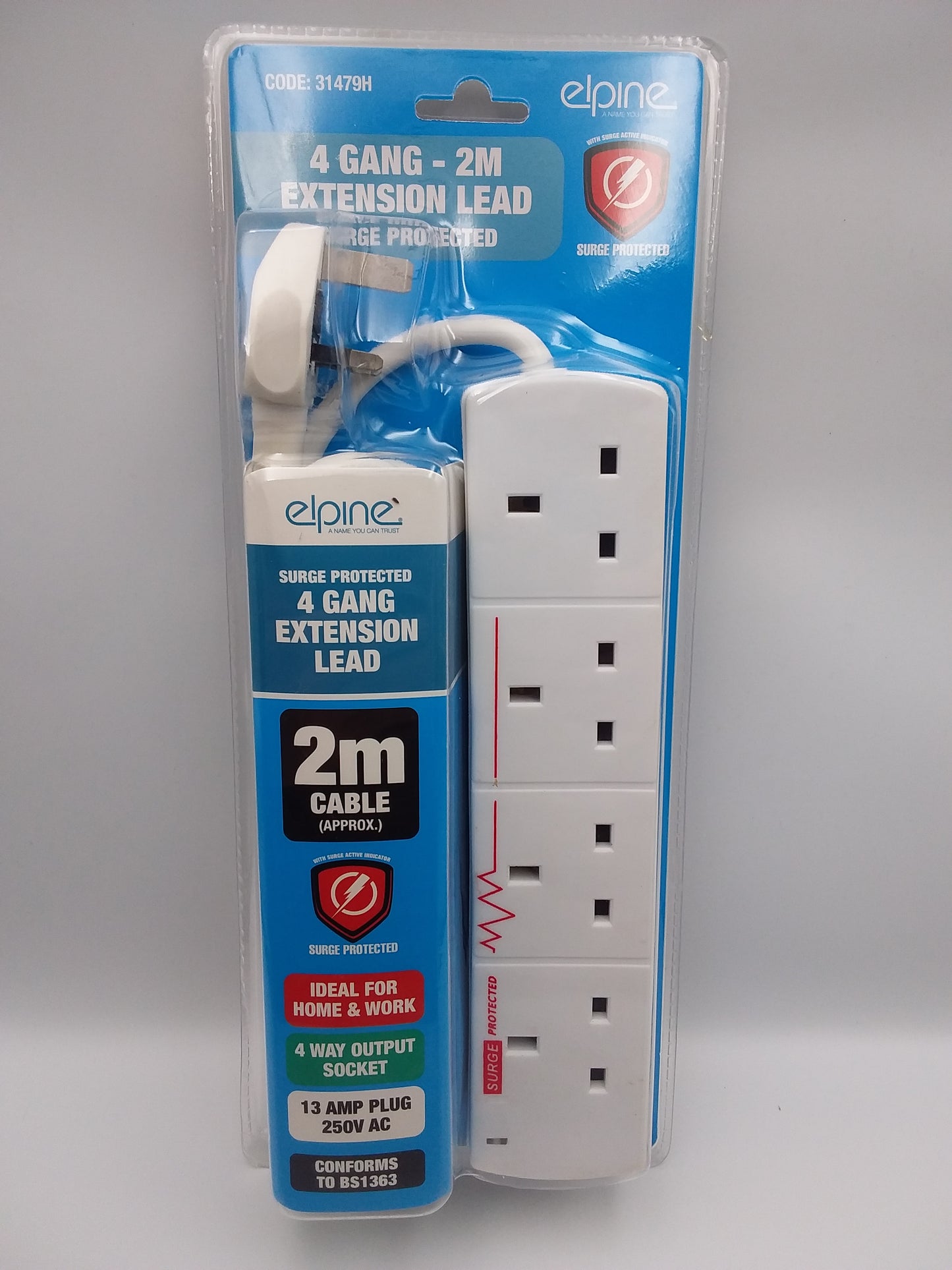 4Gang x 2m Surge protected extention lead