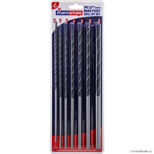 7Pc-12" long Wood drill bit set sizes 4,5,6,7,8,10 & 12mm
