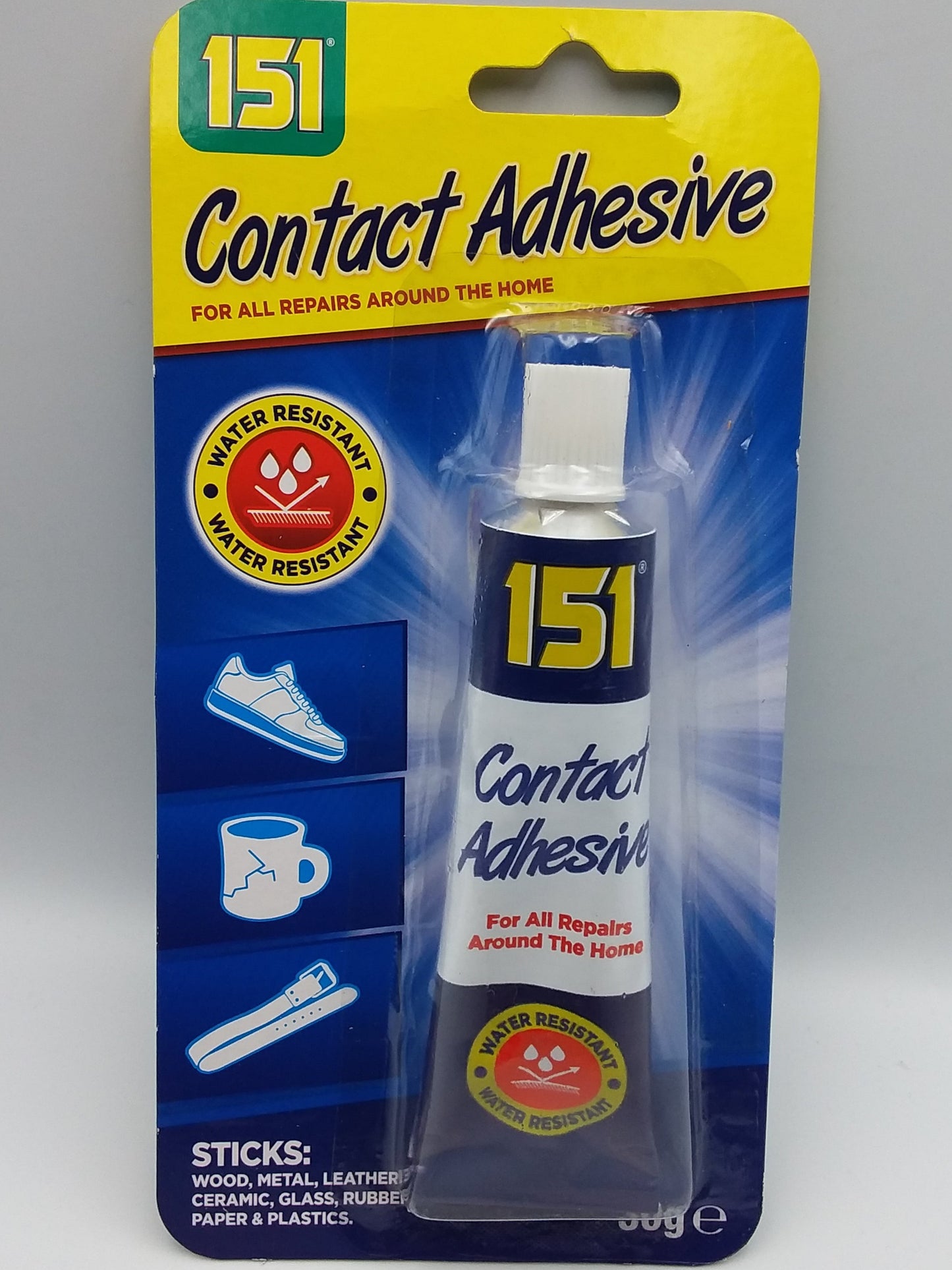 A tube of contact adhesive in packaging, labeled for instant repairs with a weight of 30g.