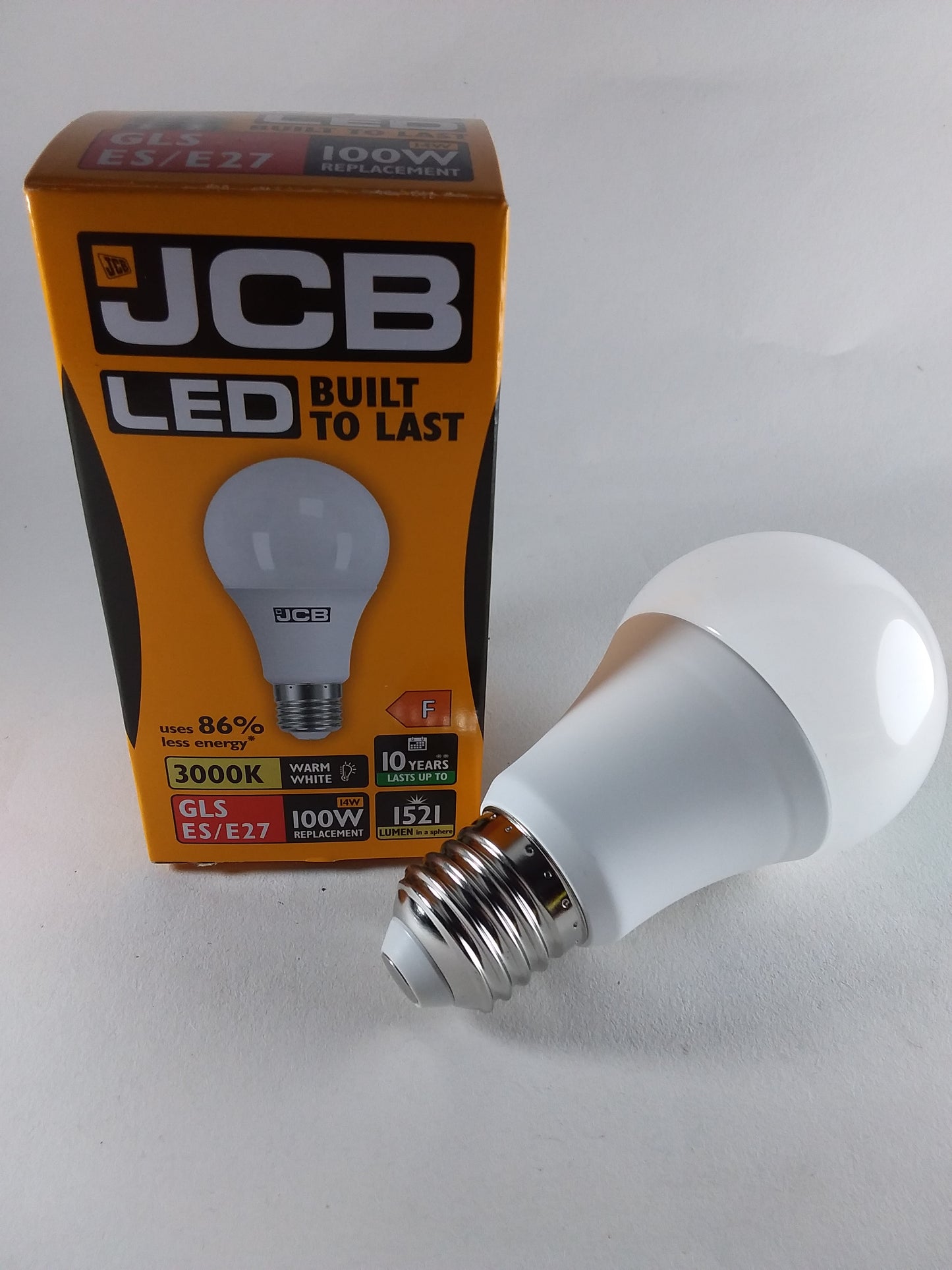 A packaged JCB brand LED light bulb with the packaging showing the bulb and its specifications, such as 3500K color temperature and 10,000 hours of lifespan.