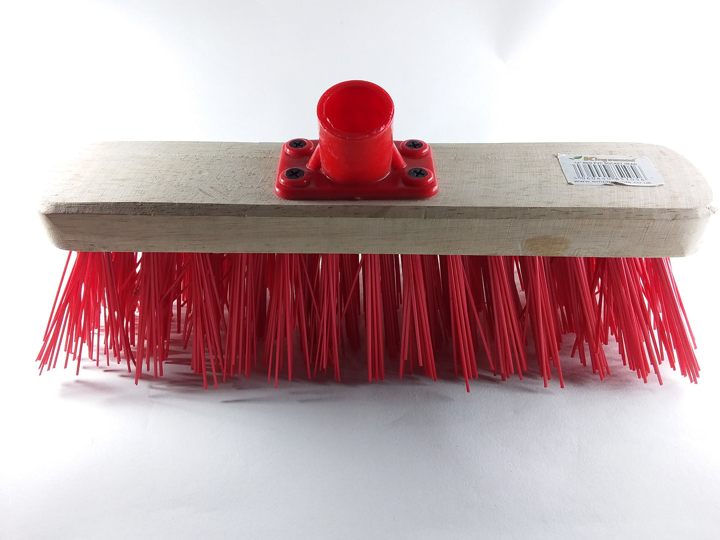 Broom head with red PVC hard bristles and a wooden block as the handle connector.