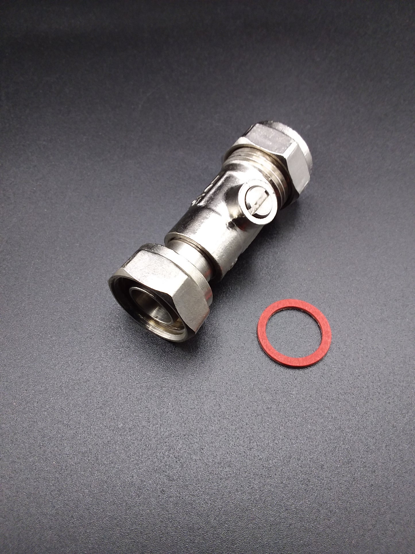 15mm Silver metal service valve with a straight design.