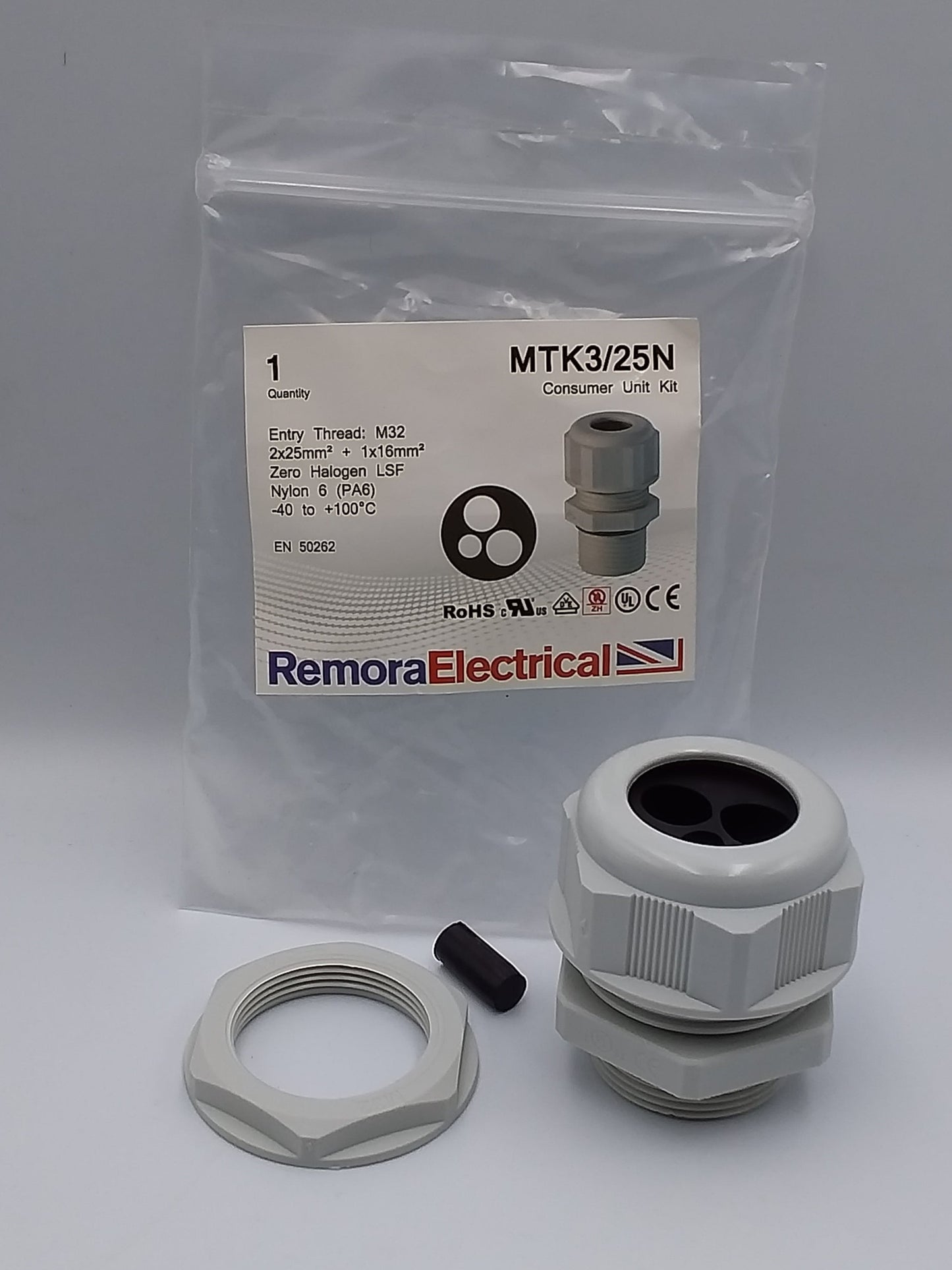 A white nylon tail kit for a consumer unit, including cable glands and washers, displayed alongside its packaging which reads 'RemoraElectrical'.