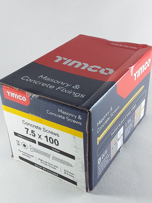 A box of Timco brand concrete screws, 7.5 x 100mm in size, with quantity 100 indicated, and including a TX30 bit.
