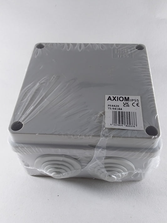 A 100mm square silver-colored enclosure box with a label indicating it is an IP56 product, placed on a white background.