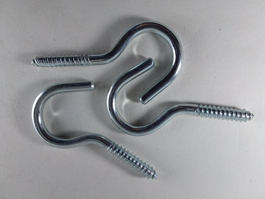 Two 100mm steel screw hooks with screws visible