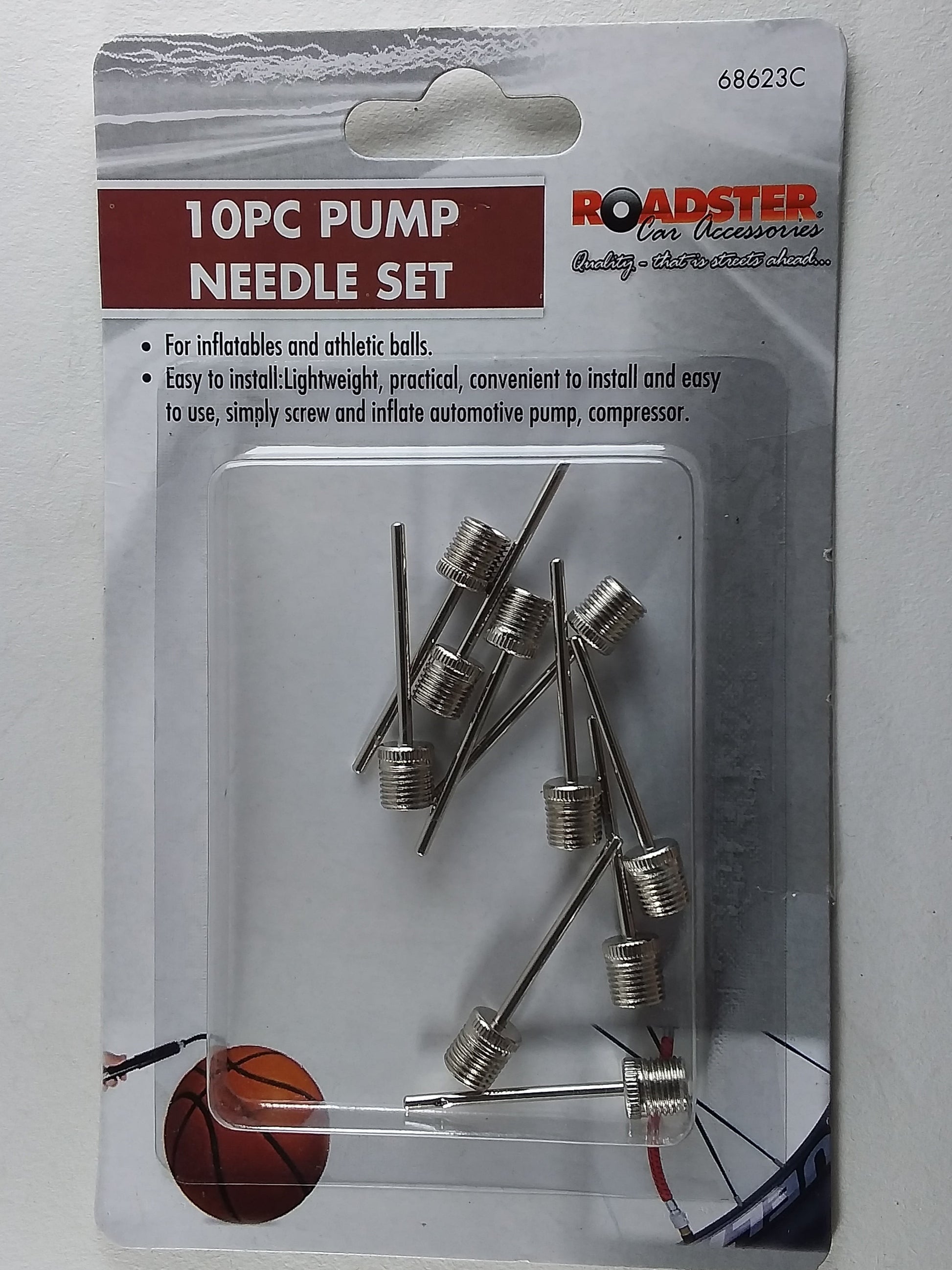 A pack of 10 silver pump needles set in plastic packaging with branding visible.