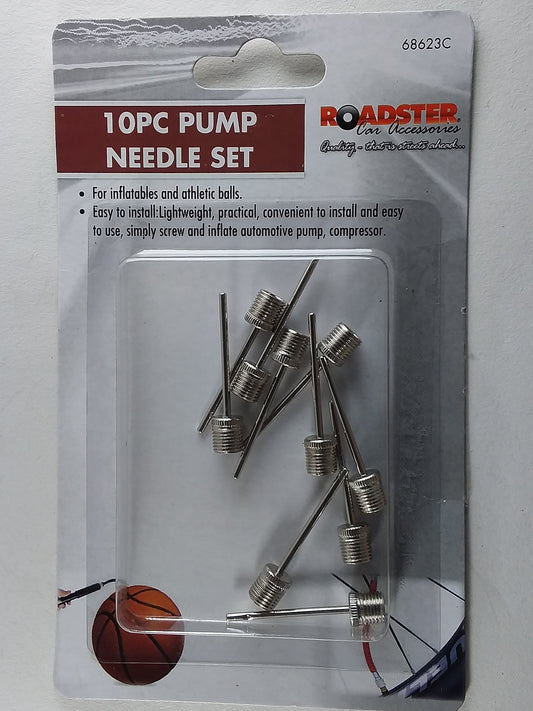 A pack of 10 silver pump needles set in plastic packaging with branding visible.