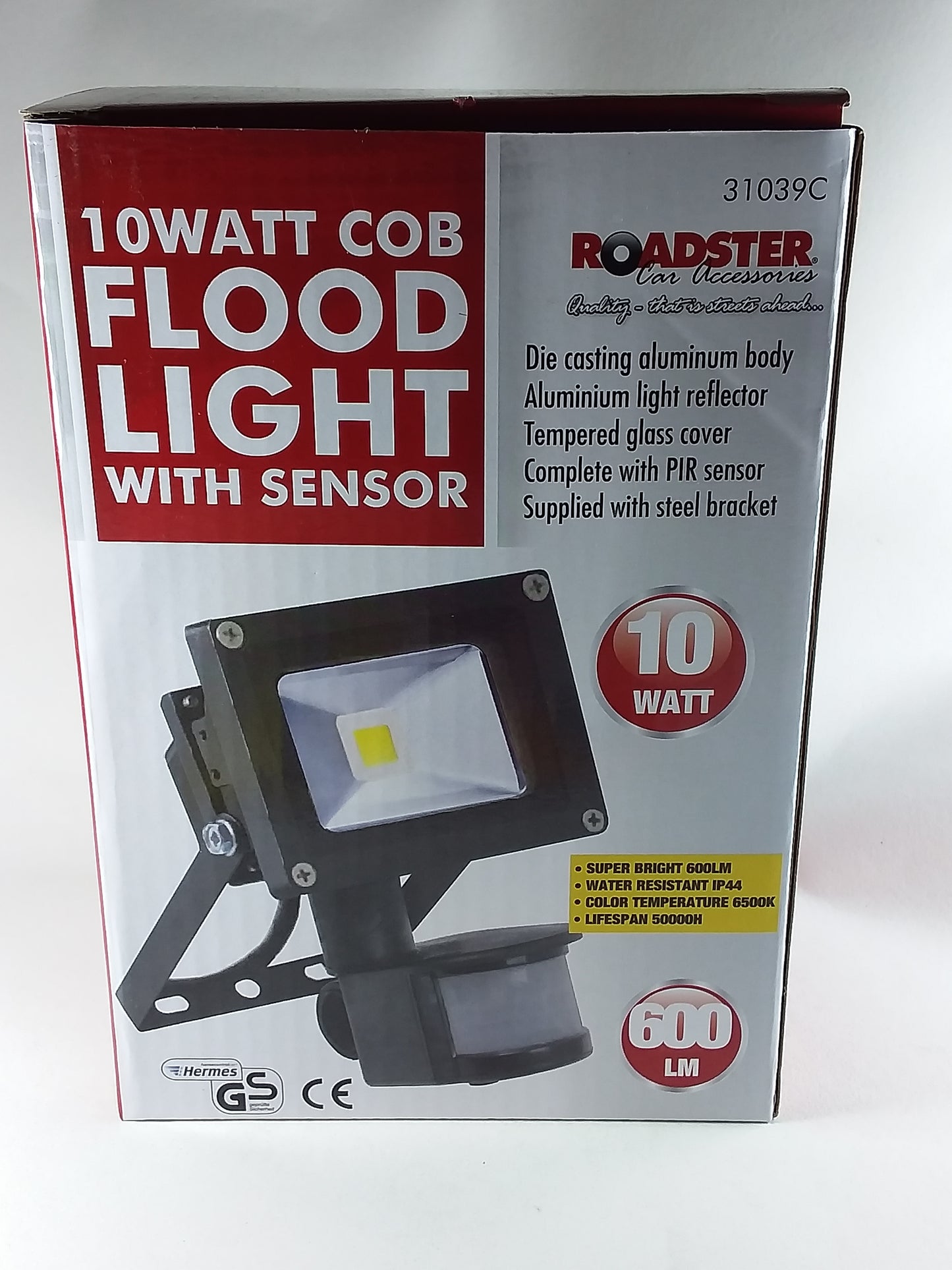 10W LED floodlight with sensor, highlighting the product's features and 700 Lumens brightness.
