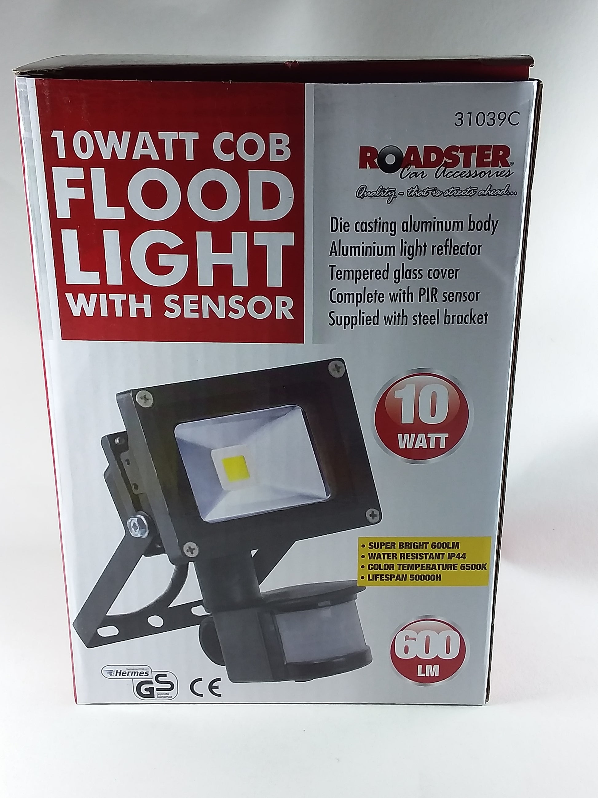 10W LED floodlight with sensor, highlighting the product's features and 700 Lumens brightness.
