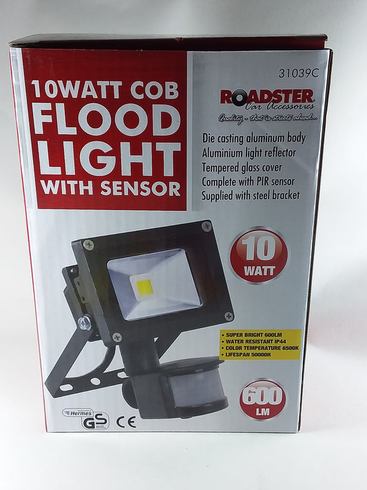 10W LED floodlight with sensor, highlighting the product's features and 700 Lumens brightness.