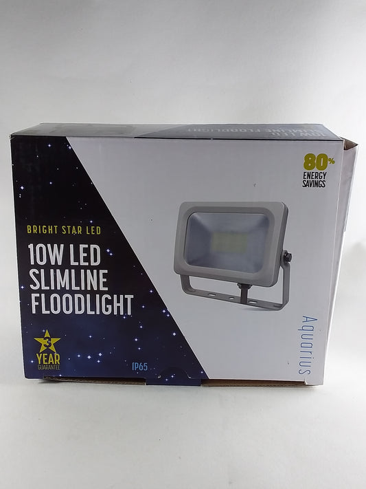 A 10W LED slimline floodlight in black, with packaging indicating it's a product for outdoor use.