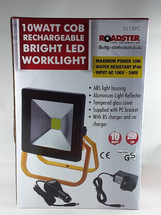 10W LED rechargeable worklight, displaying the product with a silver and black color scheme, alongside a USB charger and a set of batteries.