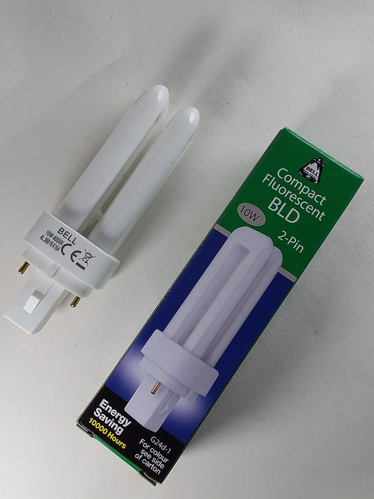 A compact fluorescent lamp 10W with a 2-pin base, displayed next to its packaging.