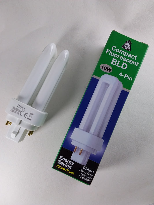 A compact fluorescent bulb with 10W 4-pin base, displayed next to its packaging box with text detailing the product specifications.