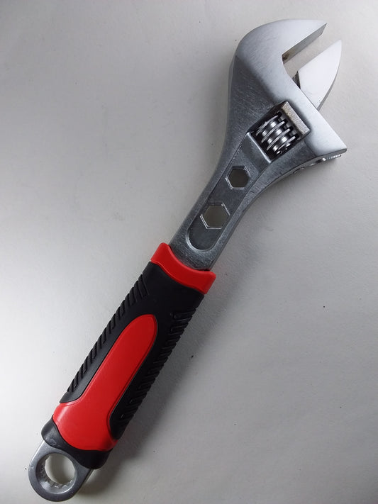 10-inch adjustable wrench with a black and red soft grip handle.