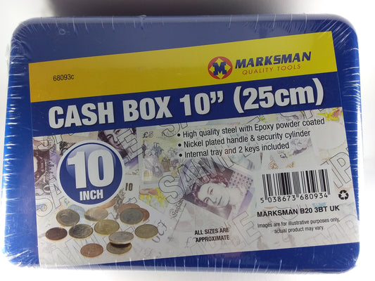 A blue Marksman cash box with a label showing the brand, size (10 inch), and including 2 keys. The box appears to be made of metal and is epoxy powder coated.