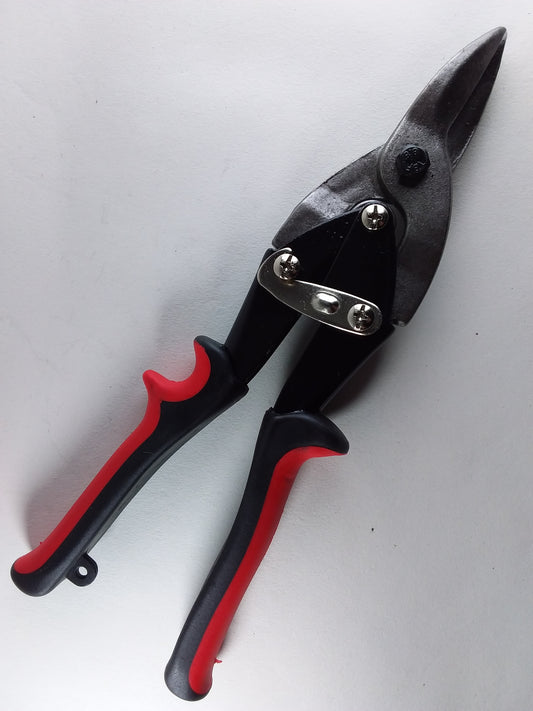 10" black-handled aviation snips with red grip on the handles.