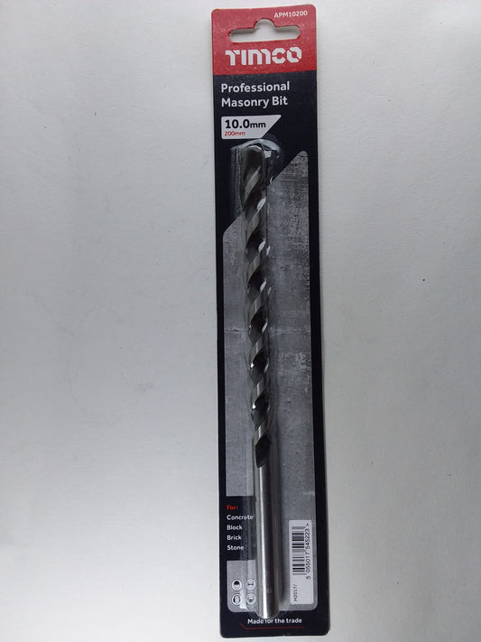 10mm Timco masonry drill bits, 200mm in length, in a clear plastic blister pack.