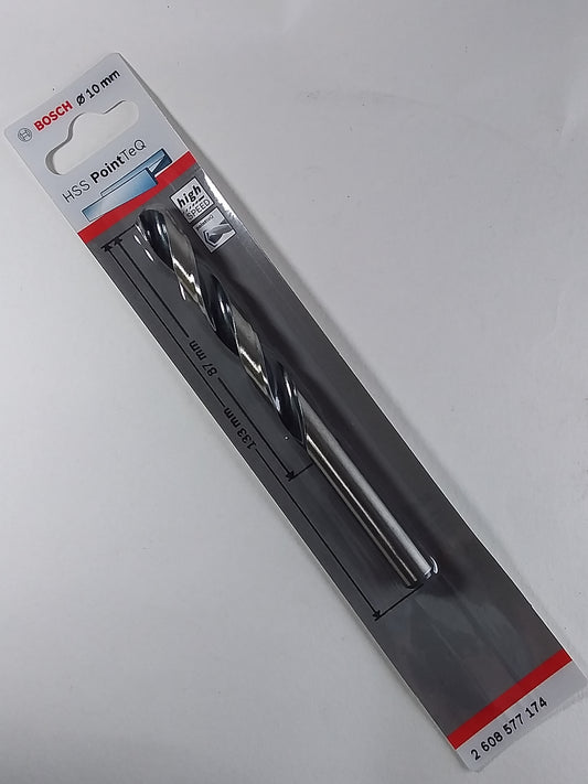 A 10mm HSS metal drill bit in packaging, primarily black and silver in color.