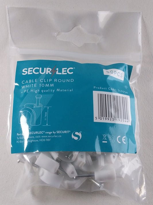 A pack of white 10mm round cable clips, branded SECURÉLEC.