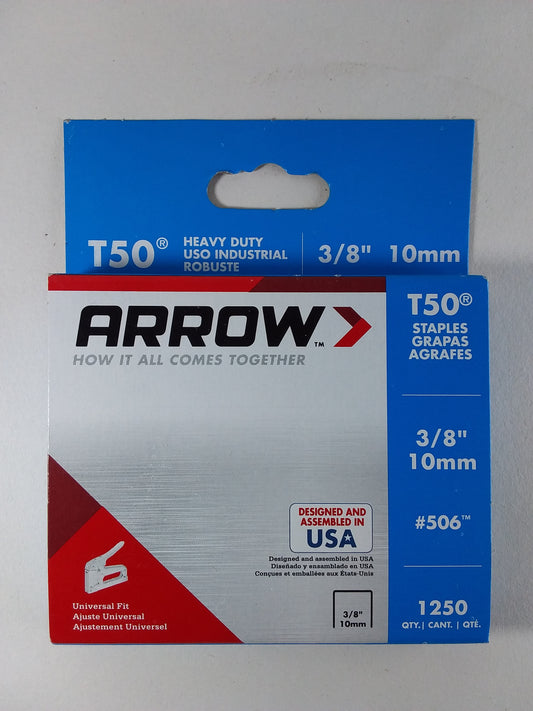 Packaging of Arrow T50 Staples, with specifications like 10mm length and 3/8 inch width highlighted, against a blue and white backgroun.