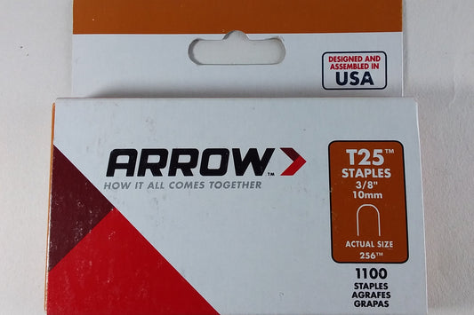 A box of Arrow brand U staples, with a predominantly white background featuring the red Arrow logo, product information.