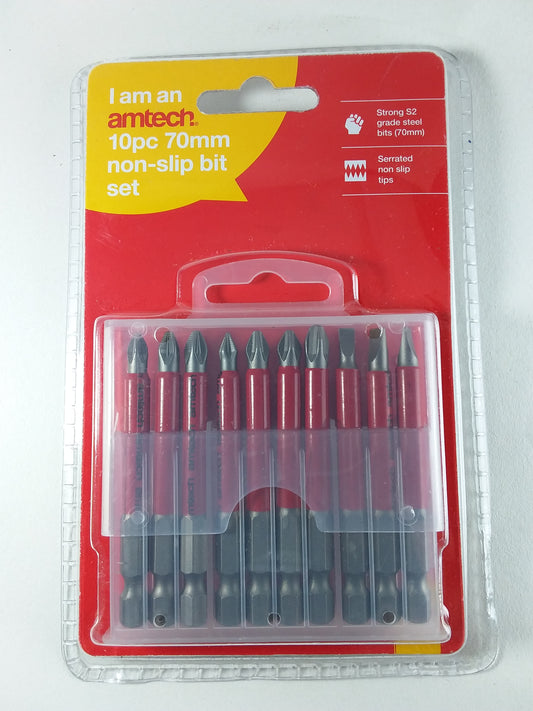 A packaged set of 10 non-slip driver bits, with a red and yellow label indicating the product is a set of 70mm non-slip bit tips.