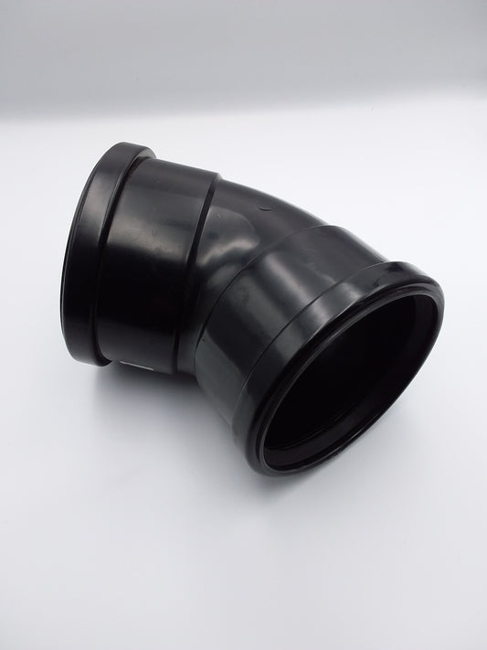 A black double socket push fit 45-degree bend plumbing fitting.