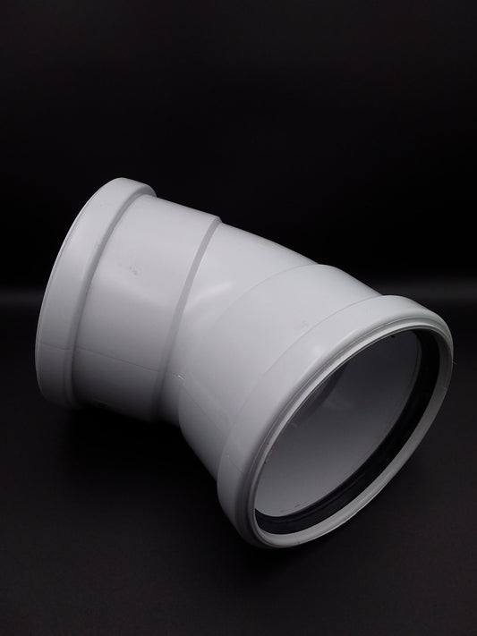 A white 110mm double socket 45deg push fit bend for plumbing.