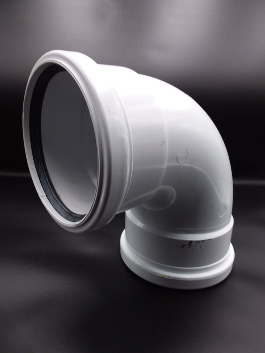 110mm white 90-degree push fit bend pipe connector for plumbing.