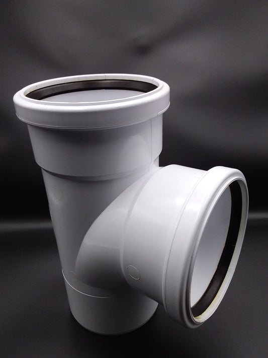 110mm white double socket 92.5deg push fit tee branch plumbing fitting.