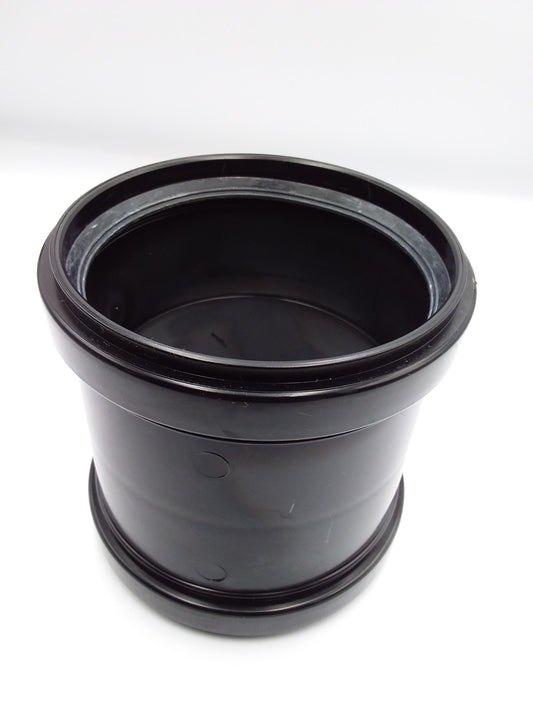 110mm black double socket push fit coupler for plumbing.