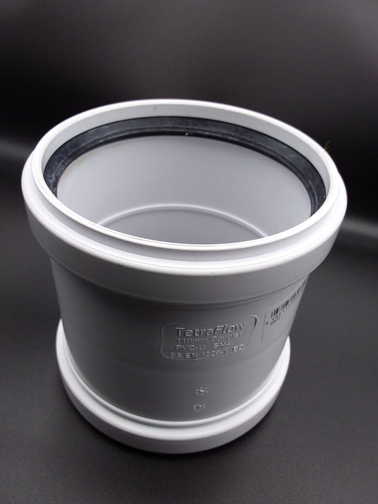 110mm white double sided push fit coupler for plumbing systems.