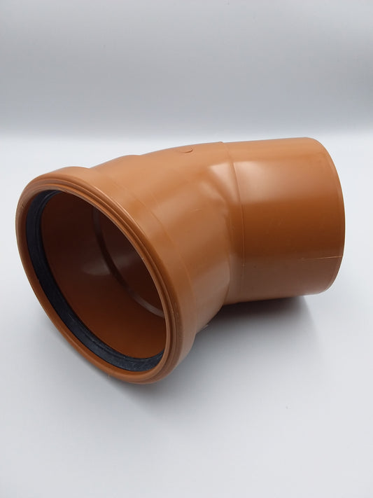 110mm 45-degree orange push fit bend for underground drainage systems.