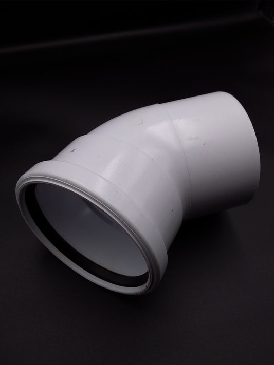 110mm white 45-degree bend push fit pipe connector.