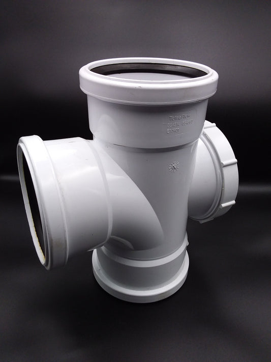 110mm white triple socket access 90-degree tee plumbing fixture.