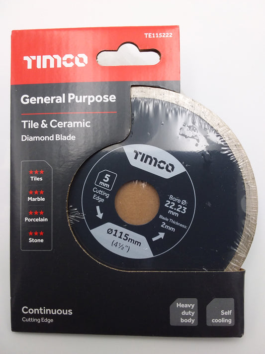 A Timco brand ceramic tile cutting disc in packaging, labeled as general purpose tile and ceramic tile cutting disc, with dimensions stated as 115mm diameter and 22.23mm blade thickness.