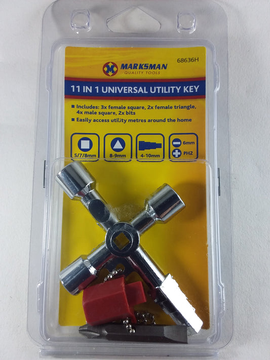 11 in 1 Universal utility metal key with clear discretion of fitments and sizes displayed on the packaging 