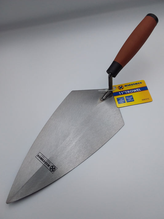 An 11-inch brick trowel with a stainless steel blade and a brown soft grip handle.