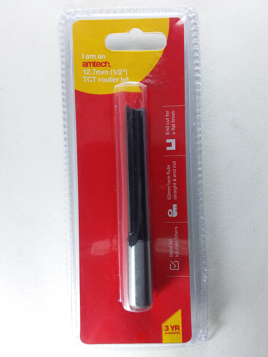 A 1/2" router bit with a red and yellow label, predominantly black in color.