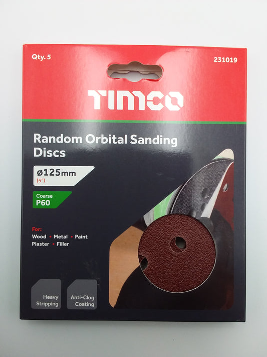Pack of 5 Timco random orbital sanding discs, 125mm diameter, 60 grit.