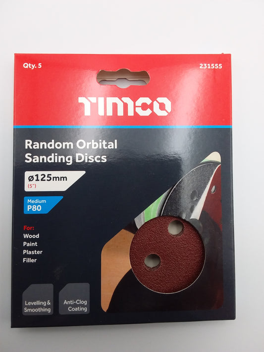 pack of 5 TIMCO random orbital sanding discs, size 125mm, grit 80.