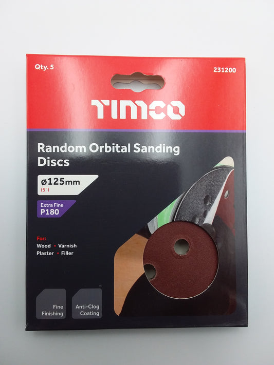 Package of 5 Timco brand round orbital sanding discs.The package indicates a 125mm size and 180g