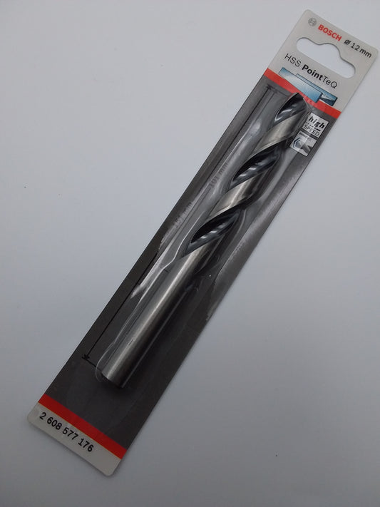 12mm HSS metal drill bit in packaging, primarily black and silver in color.