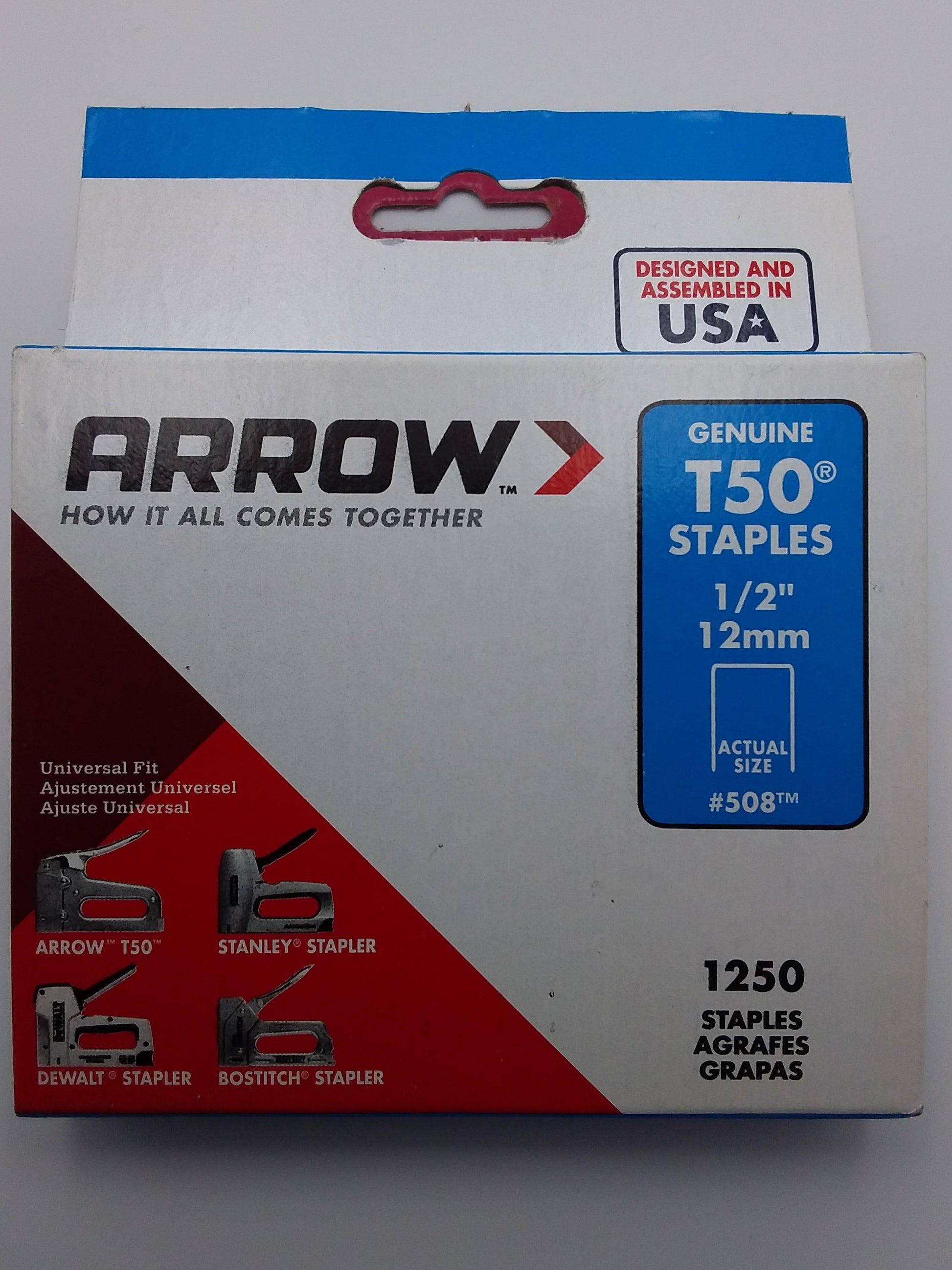 A box of Arrow brand T50 staples, with the size of 12mm staples displayed on the packaging, indicating a quantity of 1250 staples and compatibility with Apple products.